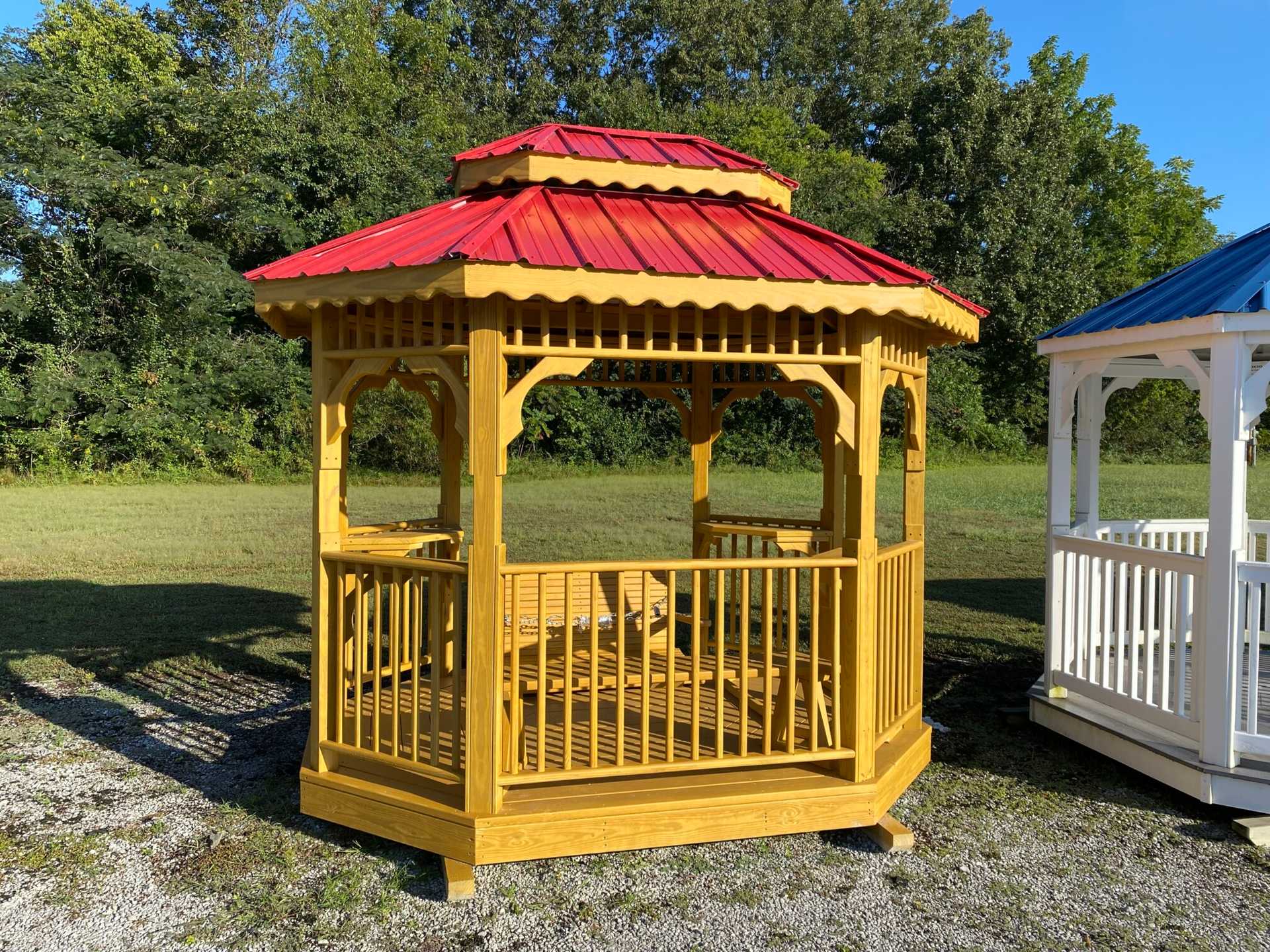 7x9 Tea House Gazebo. Canyon Brown Stained and Sealed.. Included Double Roof ,Swing Drink Holder Shelves and Bench.
