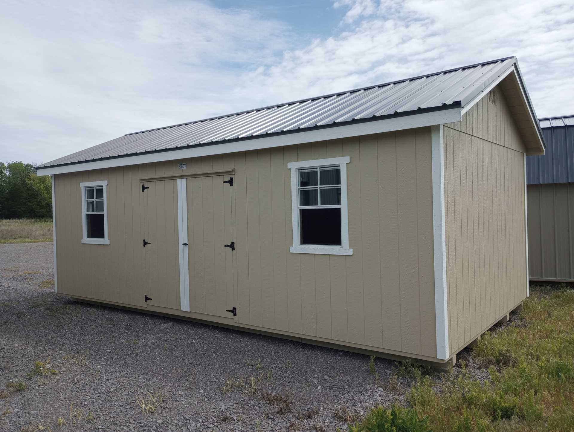 12x24 Wood Utility Garage Exterior, Stone/White/Charcoal,, Double Doors, 2 Windows