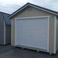 12x24 Wood Utility Garage Exterior, Stone/White/Charcoal, Overhead Garage Door, Double Doors, 2 Windows